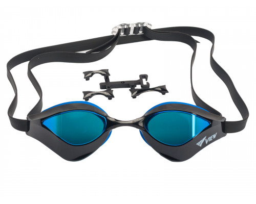 Очки для плавания VIEW ORKA, черная рамка/синий силикон, зеркальные линзы
