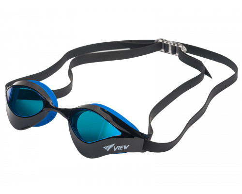 Очки для плавания VIEW ORKA, черная рамка/синий силикон, зеркальные линзы